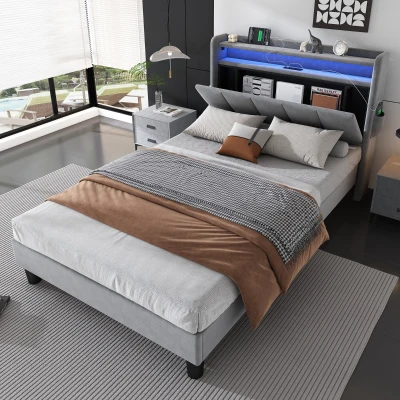 Upholstered Bed with LED Light Strip, Gray