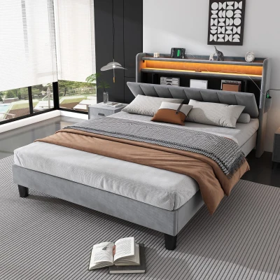 Velvet Upholstered Double Bed with Storage, Gray