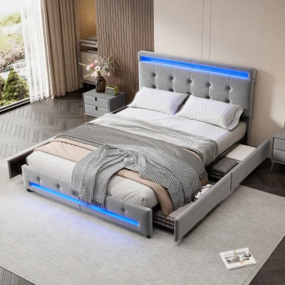 Velvet Upholstered Double Bed with Storage, Gray