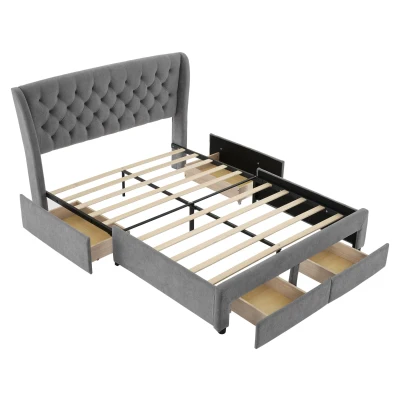 Upholstered Storage Bed with 4 Drawers, Grey