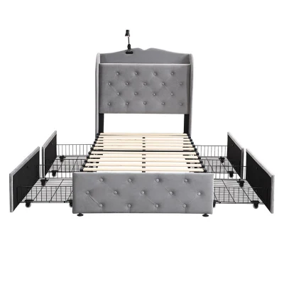 3FT Single Velvet Upholstered Storage Bed with 4 Drawers, Gray
