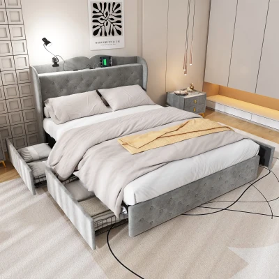 Upholstered Double Bed with Storage Drawers, Gray