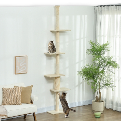 PawHut Arranhador para Gatos do Chão ao Teto 225-275 cm Torre para Gatos com Múltiplas Plataformas Sistema Anti-Tombo Creme