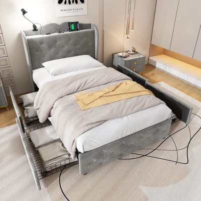 3FT Single Velvet Upholstered Storage Bed with 4 Drawers, Gray