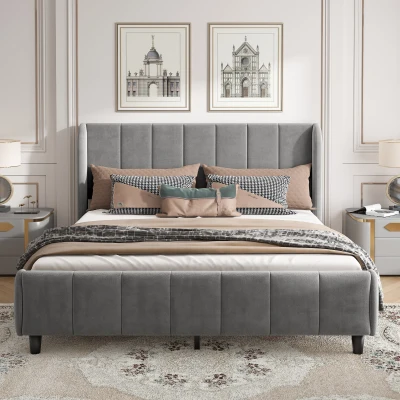 Double Upholstered Bed with Soft Backrest, Gray