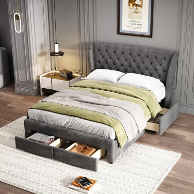 Upholstered Storage Bed with 4 Drawers, Grey