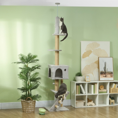 PawHut Arranhador para Gatos do Chão ao Teto de 225-265 cm  com Altura Ajustável Múltiplas Plataformas Escada Bola Suspensa Cinza Claro