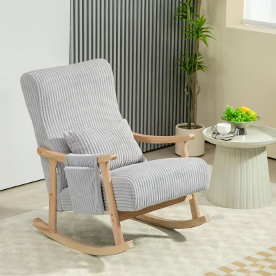 HOMCOM Poltrona Baloiço Moderna em Veludo Cotelê com Apoio para os Braços Almofada Lombar e Bolso Poltrona de Amamentação 65x90x98 cm Cinza