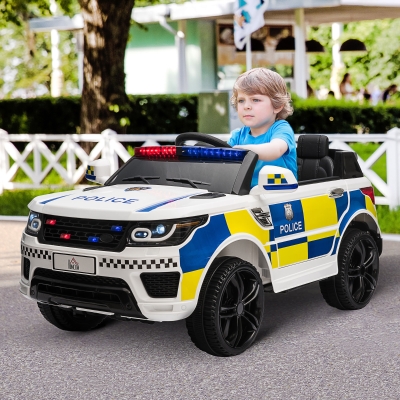 HOMCOM Carro Elétrico para Crianças Carro Elétrico Infantil de Policia 12V com Bluetooth USB Luz Sirene 110x68x52 cm  Branco