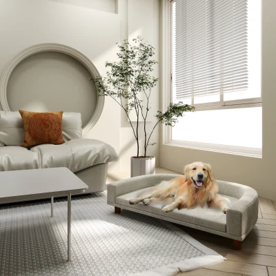 PawHut Sofa dla Dużych Psów do 30 kg, z Wyściełaną Poduszką, Nogami z Drewna Sosnowego, 98 x 67 x 25 cm, Szara