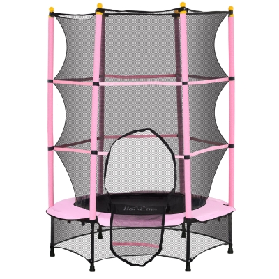 HOMCOM Trampoline voor Kinderen, Ø140 cm, met Veiligheidsnet, Binnen en Buiten, Staal, Kunststof, Tot 50 kg, Roze