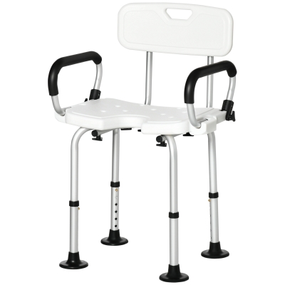HOMCOM Height Adjustable Shower Stool for the Elderly and Disabled with Back, Shower Chair with Flipped Padded Arms and Suction Foot Pads, White
