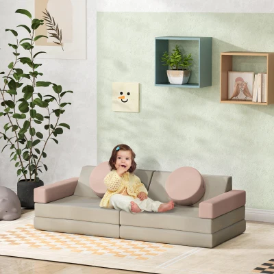 AIYAPLAY Modułowa sofa dla dzieci, 12 miękkich bloków w 6 kształtach, pokrowce do prania, szary/różowy
