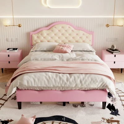 Button-Tufted High Headboard Bed with Solid Wood Slat, Beige+Pink