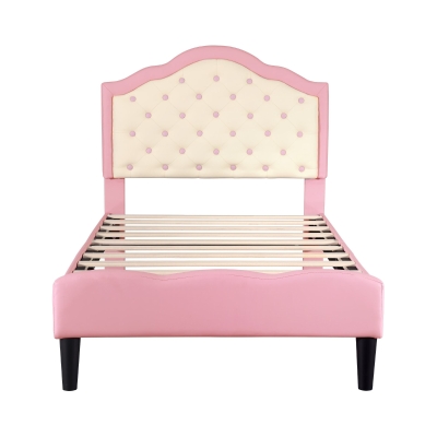 3FT Single Wood Bed with Adjustable Button-Tufted Headboard, Beige+Pink