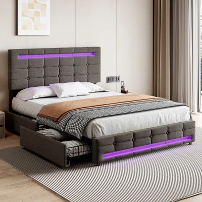 Double Upholstered Bed with LED Lighting and Storage Drawers, Grey