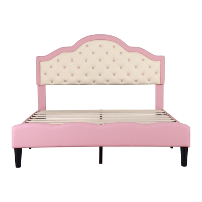 Button-Tufted High Headboard Bed with Solid Wood Slat, Beige+Pink