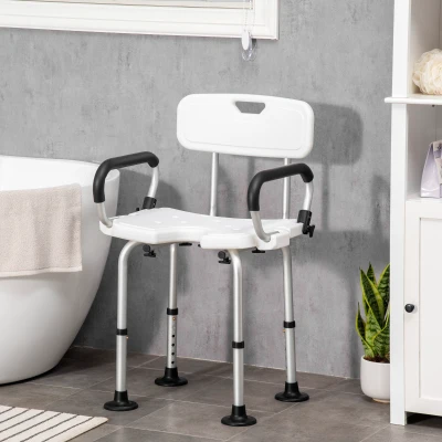 HOMCOM Height Adjustable Shower Stool for the Elderly and Disabled with Back, Shower Chair with Flipped Padded Arms and Suction Foot Pads, White