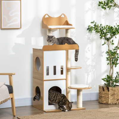 PawHut Arranhador para Gatos 133 cm com Caverna Plataformas Bola Suspensa e Postes de Sisal 60x48x133 cm Carvalho