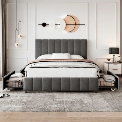 Velvet Double Upholstered Bed with 4 Storage Drawers and Adjustable Channel Tufted Headboard, Grey