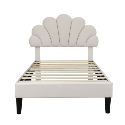 3FT Single Upholstered Velvet Bed Frame with Adjustable Petal Headboard, Beige