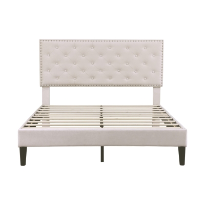 Double Upholstered Velvet Bedstead with Button-Tufted Headboard, Beige