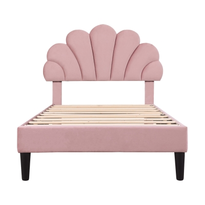 3FT Single Upholstered Velvet Bed Frame with Adjustable Petal Headboard, Pink