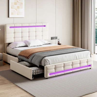 Double Bed Frame with Storage, Beige