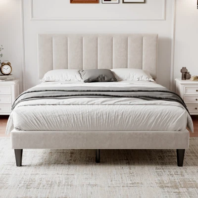 Double Upholstered Velvet Bed Frame with Adjustable Headboard, Beige