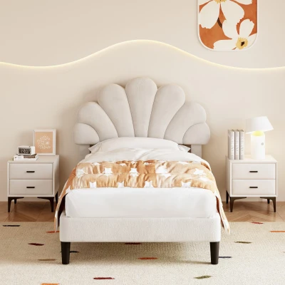 3FT Single Upholstered Velvet Bed Frame with Adjustable Petal Headboard, Beige