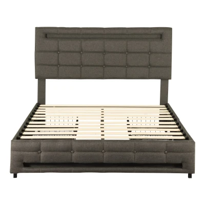 Double Upholstered Bed with LED Lighting and Storage Drawers, Grey
