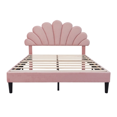 Double Upholstered Velvet Bed Frame with Adjustable Petal Headboard, Pink