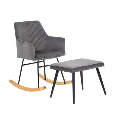 Schaukelstuhl, 84 cm hoch mit 43 cm Sitzbreite, Inklusive Fußhocker 51,5×40×39 cm, robustes Kautschukholzgestell, ergonomisch geformt, Grau