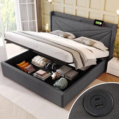 Lit Double avec Rangement, Gris