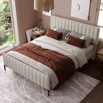 Gepolstertes Doppelbett mit Lattenrost und verstellbarem Kopfteil, Stoff, 140x200 cm, Grau-Beige