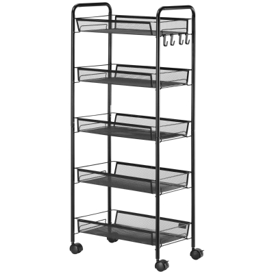 HOMCOM Keukenwagen met 5 Draadmanden, 4 Haken, 4 Wielen, 2 Handvaten, Staal/Kunststof, 45x26,5x106 cm, Zwart