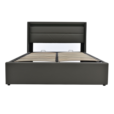 Hydraulisches Doppelbett mit LED und Fernbedienung, Gepolstertes Gestell mit Stauraum 140x200 cm, Grau