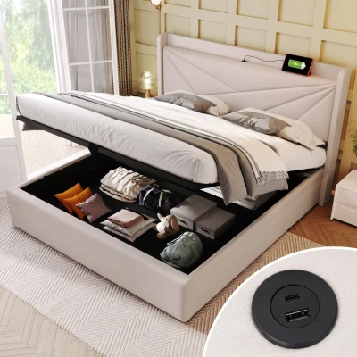 Lit Double avec Rangement et Fonction de Recharge USB Type C, Beige
