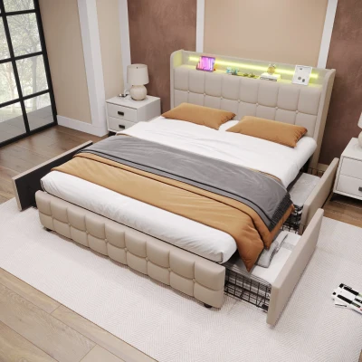 Lit Double avec Tête de Lit USB et Éclairage LED, Beige