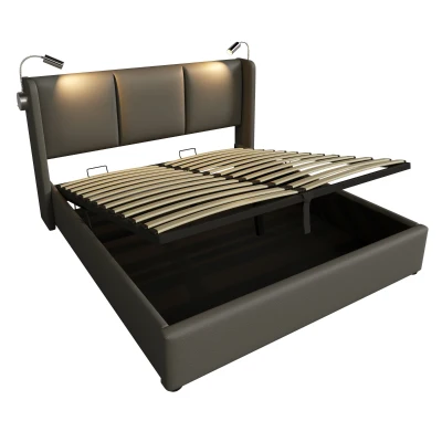 Doppelbett mit Stauraum, USB-Ladefunktion, Massivholz, Leselampe, 160x200 cm für moderne Haushalte, Grau