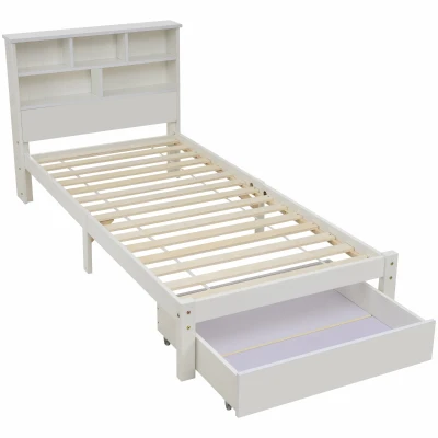 Einzelbett 90x200 Weiss mit Schubladen und Bücherregal, Schrankbett mit Rollen für Jugendliche und Erwachsene