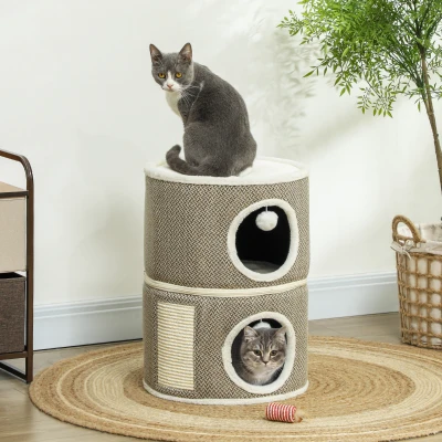 PawHut Kattenhol, 3 Verdiepingen, Kattenhuis, Pluche, Kussen, Sisal-Krabplank, Φ40 x 56H cm, Koffie/Crèmewit
