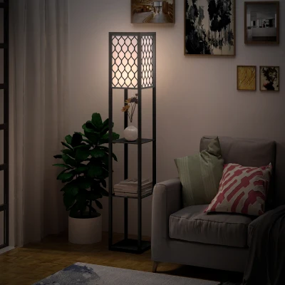 HOMCOM Shelf Floor Lamp with 4-Tier Shelves Black/White 26x26cm