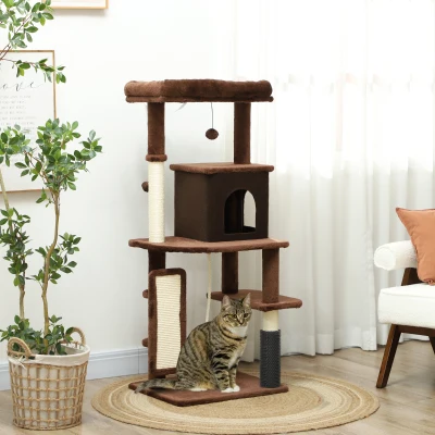 PawHut Arranhador para Gatos Grande Altura 132 cm com Plataformas Postes com Escova Bolas Suspensas e Almofadas para Arranhar Marrom