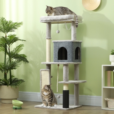 PawHut Arranhador para Gatos Grande Altura 132 cm com Plataformas Postes com Escova Bolas Suspensas e Almofadas para Arranhar Cinza