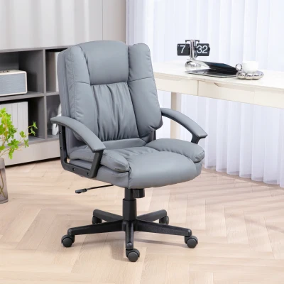 HOMCOM Office Chair, Faux Leather Computer Desk Chair, Mid Back Executive Chair with Adjustable Height and Swivel Rolling Wheels for Home Study, Light Grey