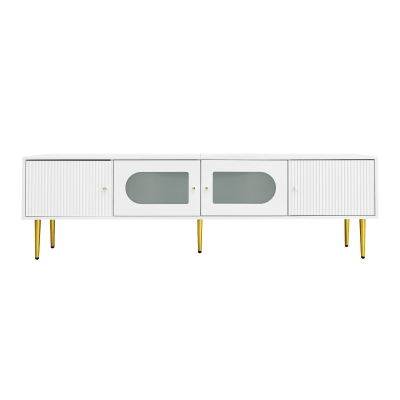 Eleganter TV-Schrank mit Goldenen Beinen und Griffen, 2 Türen, Geräuschlose Scharniere, Weiß