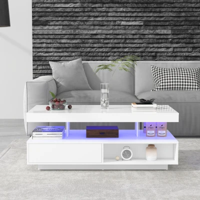 Table basse blanc brillant avec 4 inserts en verre, Blanc