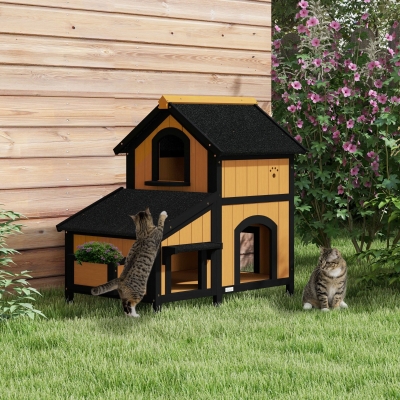 PawHut Casa para Gatos de Madeira com Suporte para Flores de 2 Níveis e Teto Asfáltico 96x65x85,5 cm Madeira e Preto