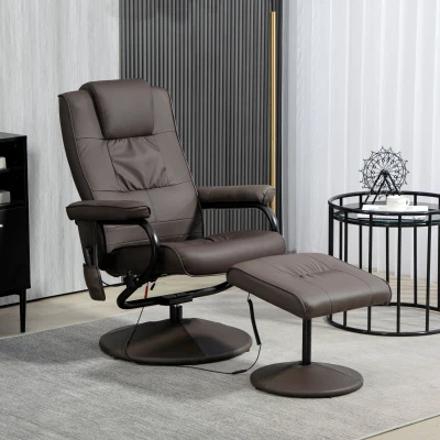 HOMCOM Poltrona de Massagem Elétrica com Banco para Apoiar os Pés Poltrona Relax Giratório Reclinável em até 145° com Controle Remoto e 10 Zonas de Massagem Estofado em PU 77x84x95 cm Marrom Escuro